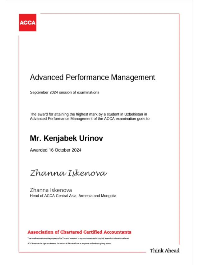 Kenjabek Urinov — ACCA APM