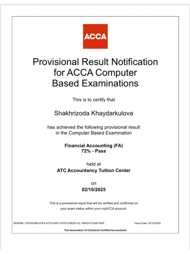Shahrizoda Xaydarqulova — ACCA FA