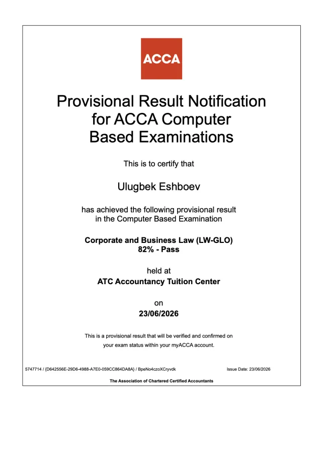 Ulug'bek Eshboyev — ACCA LW